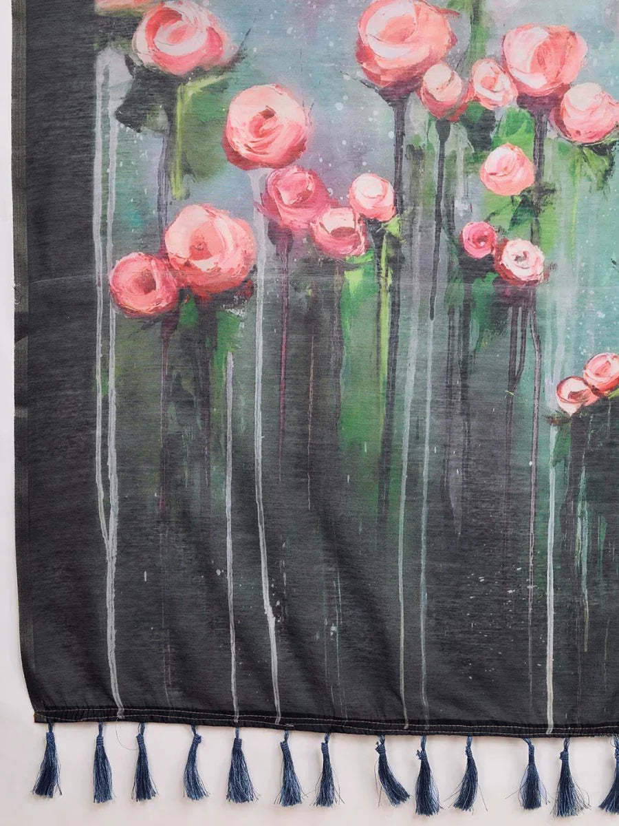 Sky Linen Blend Saree With Blouse Piece - EZBER