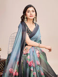 Sky Linen Blend Saree With Blouse Piece - EZBER