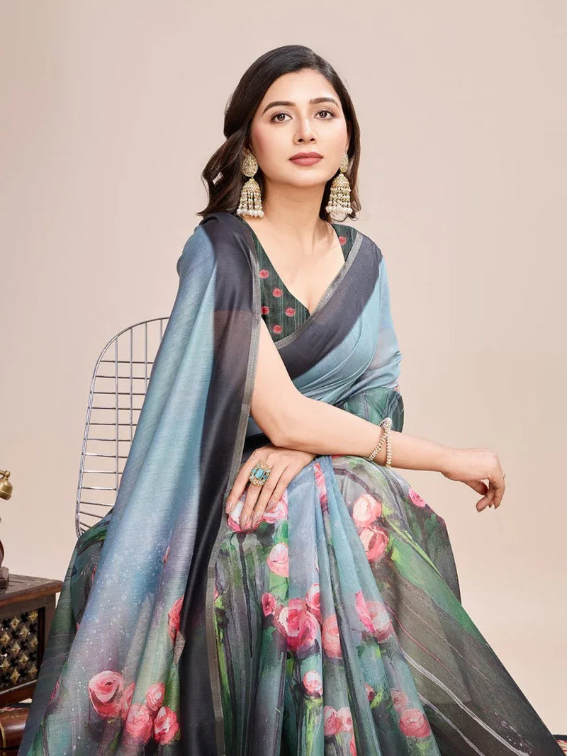 Sky Linen Blend Saree With Blouse Piece - EZBER
