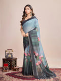 Sky Linen Blend Saree With Blouse Piece - EZBER