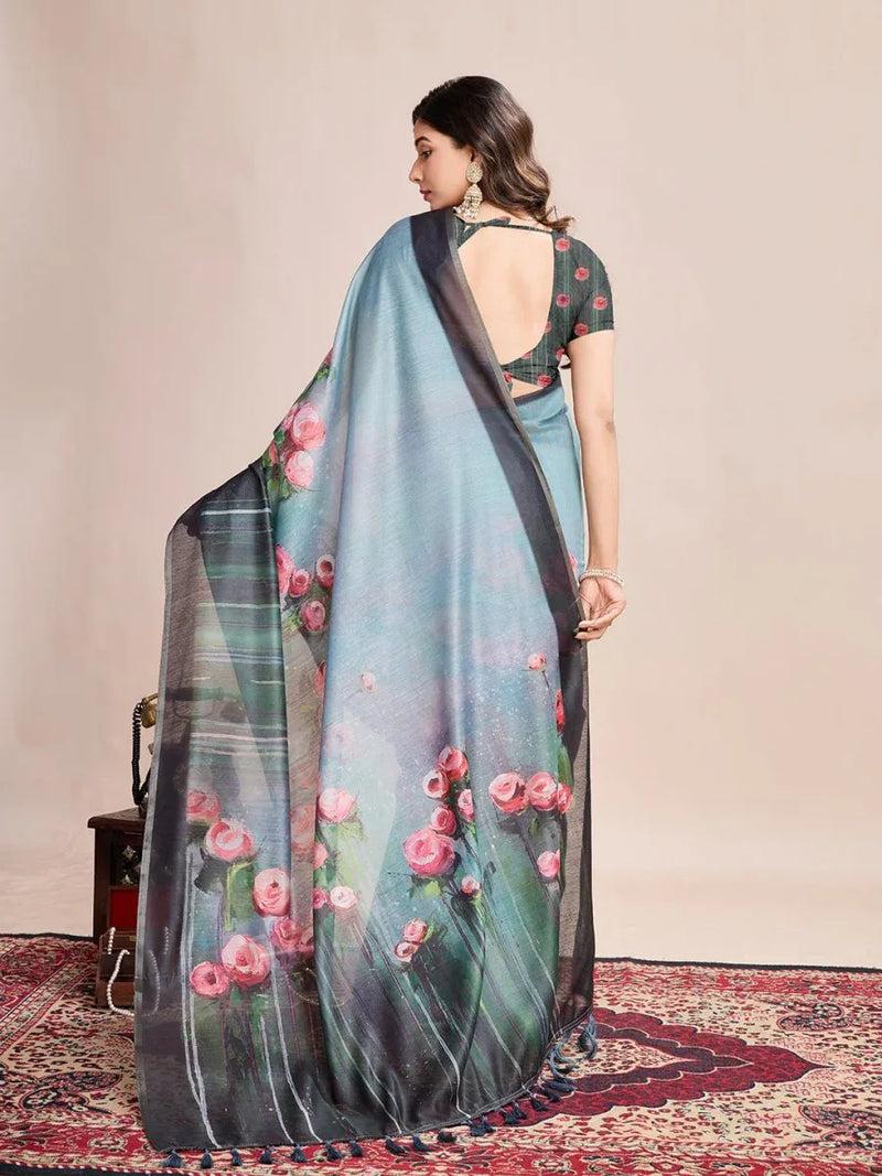 Sky Linen Blend Saree With Blouse Piece - EZBER