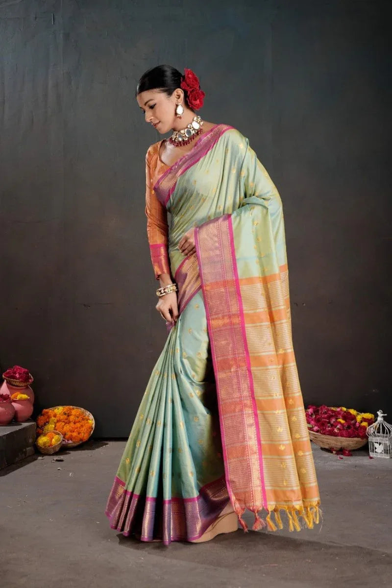 Soft Silk Chitt Pallue With Contrast Blouse Weaving Saree - EZBER