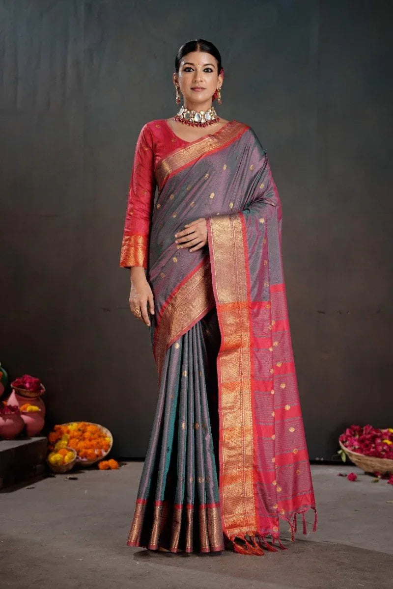 Soft Silk Chitt Pallue With Contrast Blouse Weaving Saree - EZBER