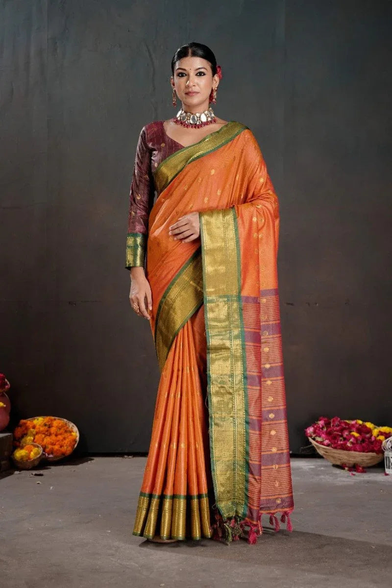 Soft Silk Chitt Pallue With Contrast Blouse Weaving Saree - EZBER