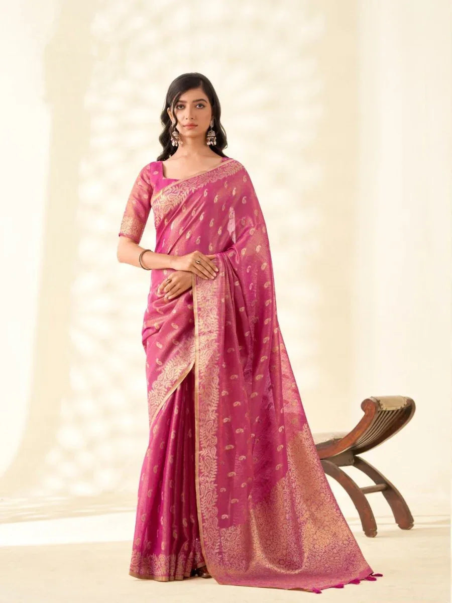 Soft Tissue Linen With Big Jaquard Pallu Handloom Silk Saree - EZBER