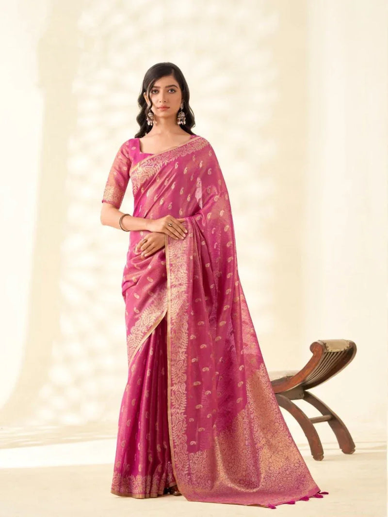 Soft Tissue Linen With Big Jaquard Pallu Handloom Silk Saree - EZBER