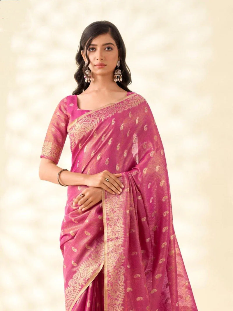 Soft Tissue Linen With Big Jaquard Pallu Handloom Silk Saree - EZBER