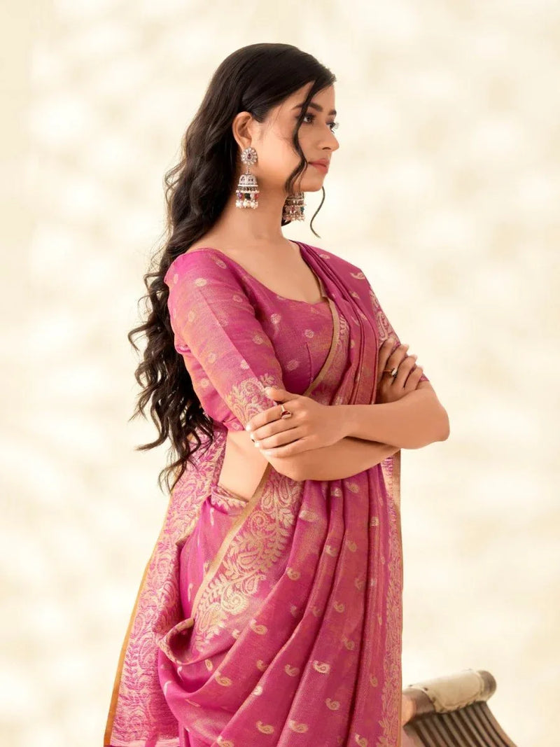 Soft Tissue Linen With Big Jaquard Pallu Handloom Silk Saree - EZBER