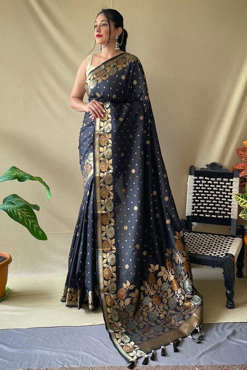 Spruce Black Silk Saree - EZBER