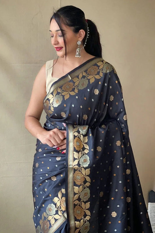 Spruce Black Silk Saree - EZBER