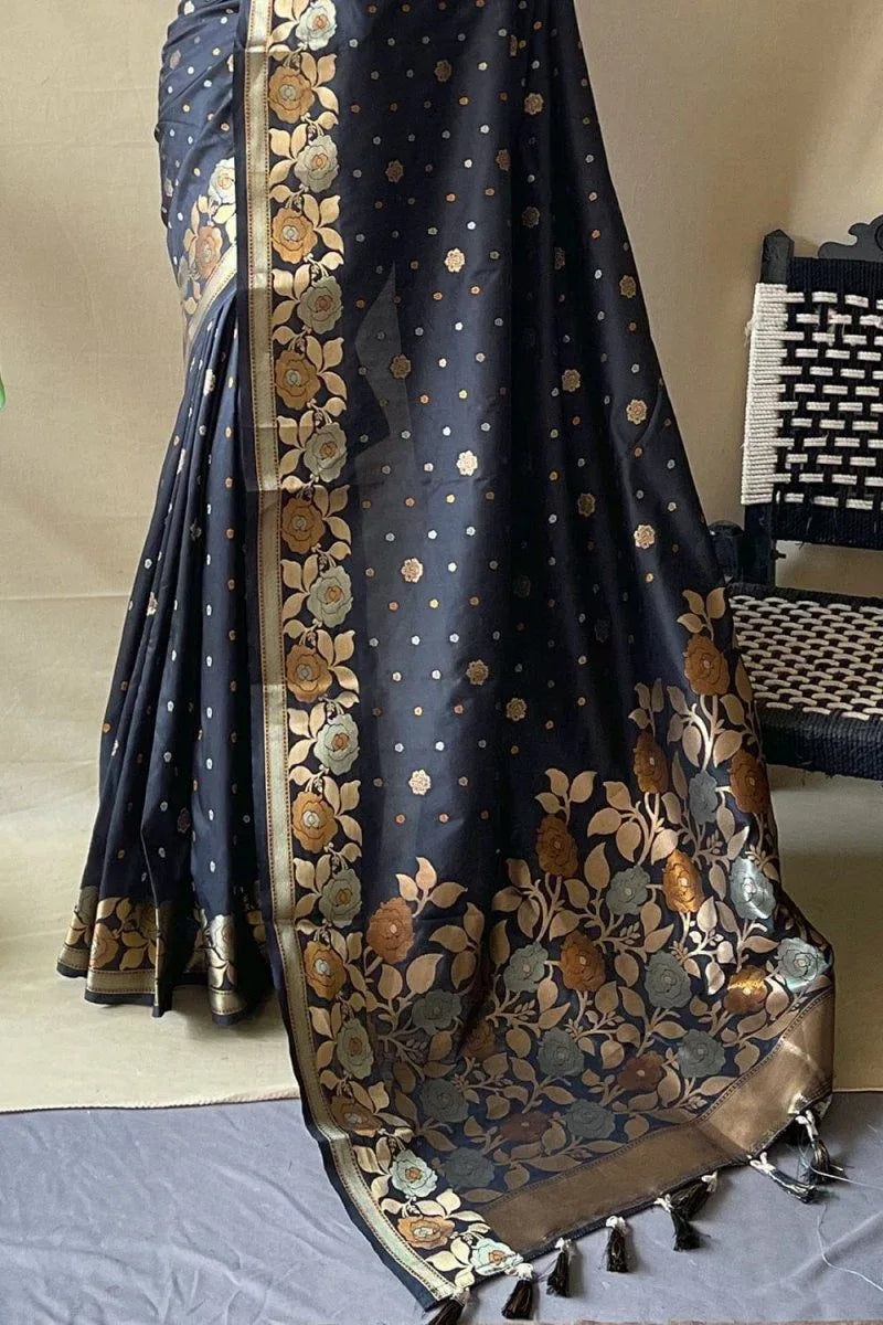 Spruce Black Silk Saree - EZBER