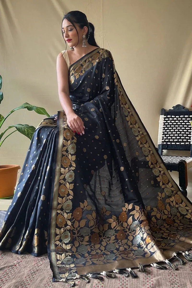 Spruce Black Silk Saree - EZBER