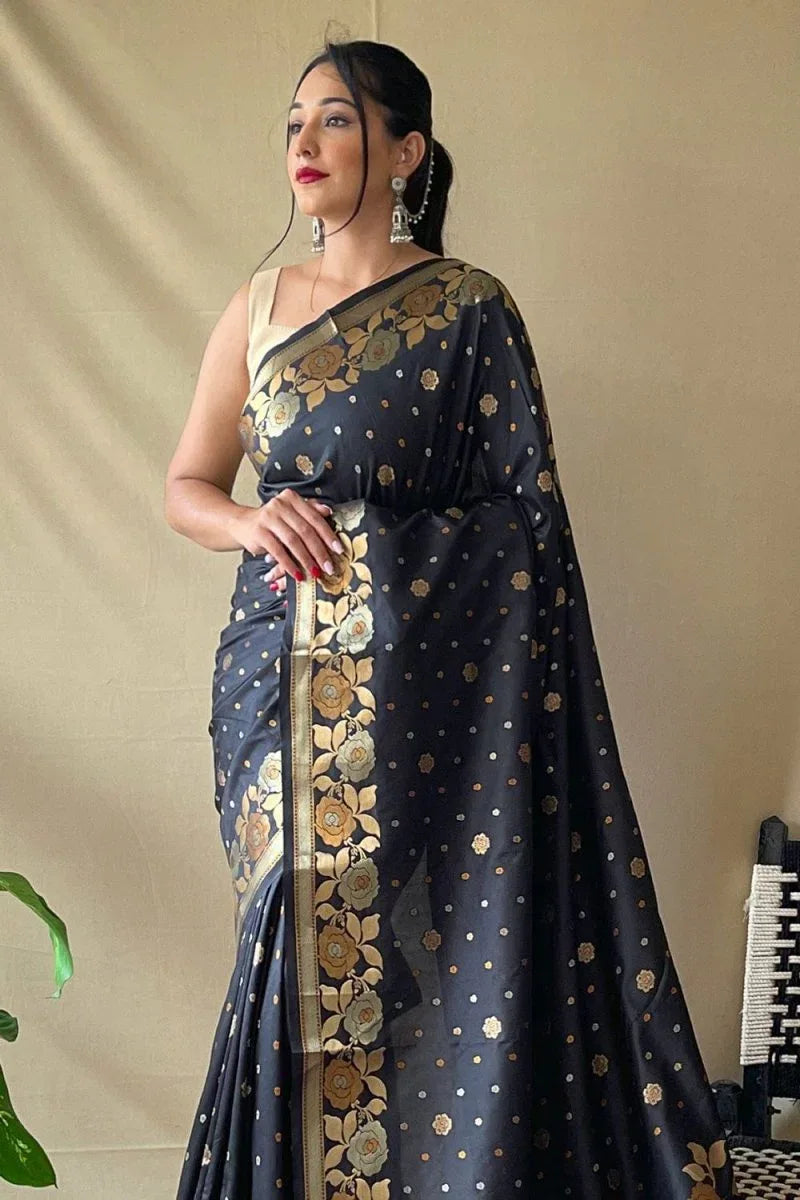 Spruce Black Silk Saree - EZBER
