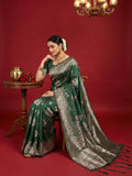 Silk Blend Dark Green Brocade Saree With Blouse Piece