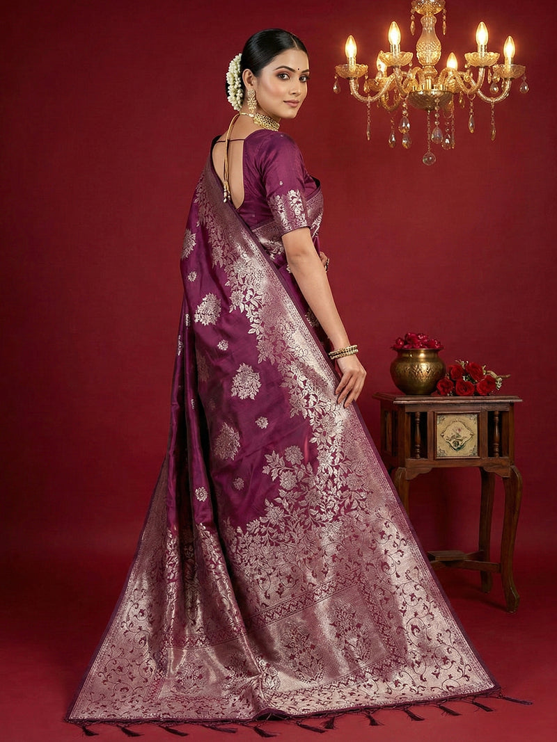 Silk Blend Purple Brocade Saree With Blouse Piece