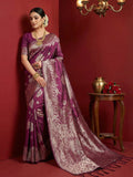 Silk Blend Purple Brocade Saree With Blouse Piece