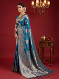 Silk Blend Teal Blue Brocade Saree With Blouse Piece