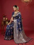 Silk Blend Navy Blue Brocade Saree With Blouse Piece