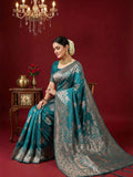 Silk Blend Sea Green Brocade Saree With Blouse Piece