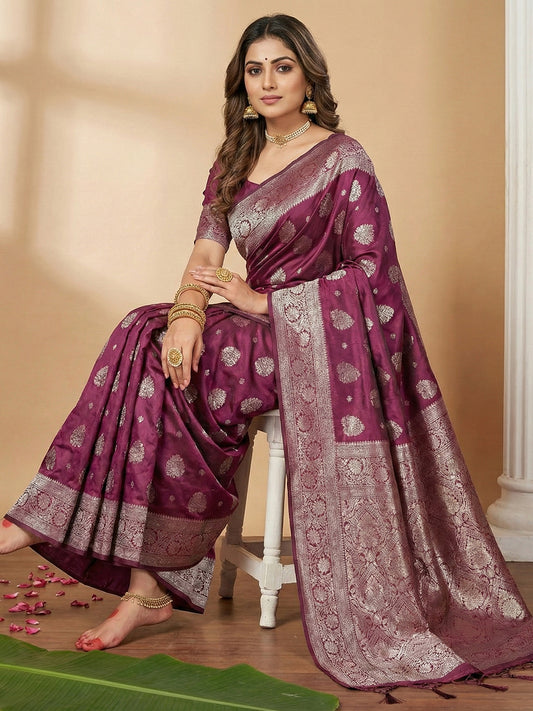 Maroon Silk Blend Saree with Blouse Piece