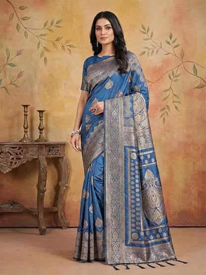 Sky Blue Silk Blend Brocade Saree | EZB SI04 SRADY 3001