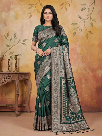Green Silk Blend Brocade Saree | EZB SI04 SRADY 3003