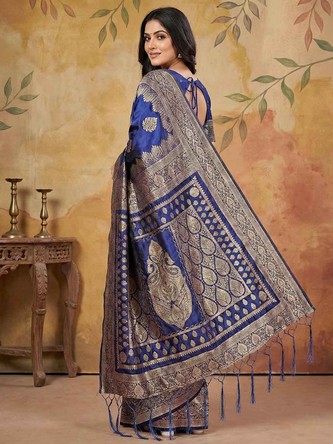 Navy Silk Blend Brocade Saree | EZB SI04 SRADY 3005