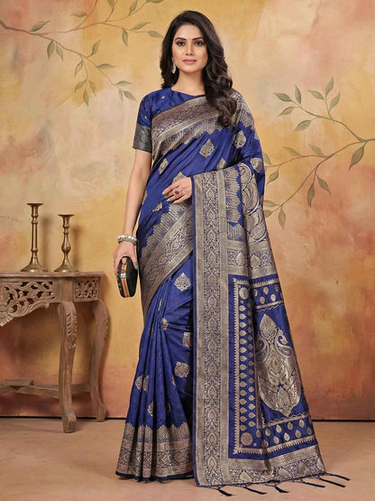 Navy Silk Blend Brocade Saree | EZB SI04 SRADY 3005
