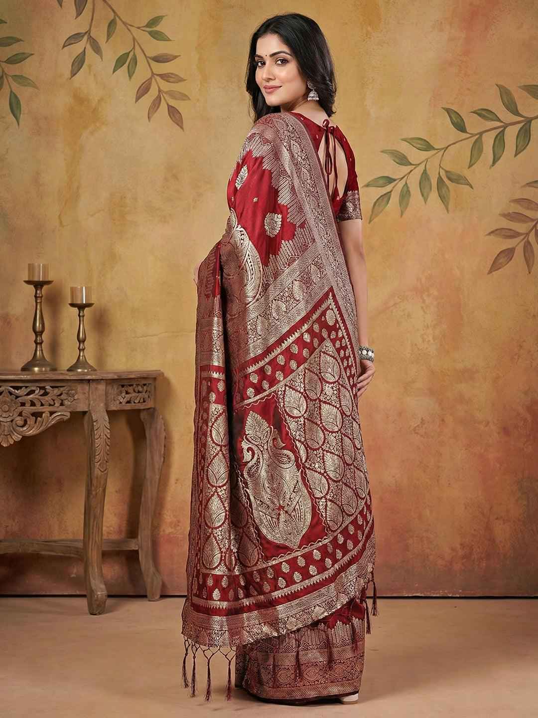 Maroon Silk Blend Brocade Saree | EZB SI04 SRADY 3006