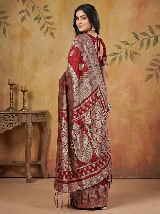 Maroon Silk Blend Saree with Blouse Piece | EZBER