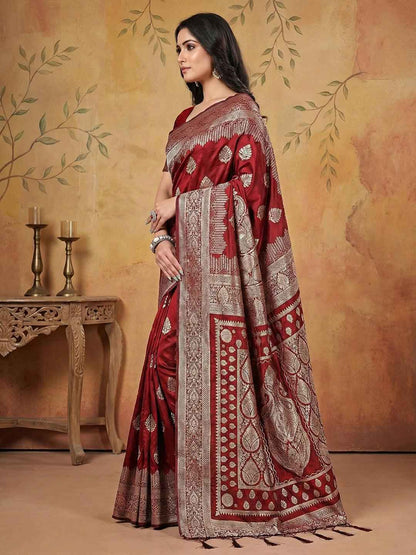Maroon Silk Blend Brocade Saree | EZB SI04 SRADY 3006