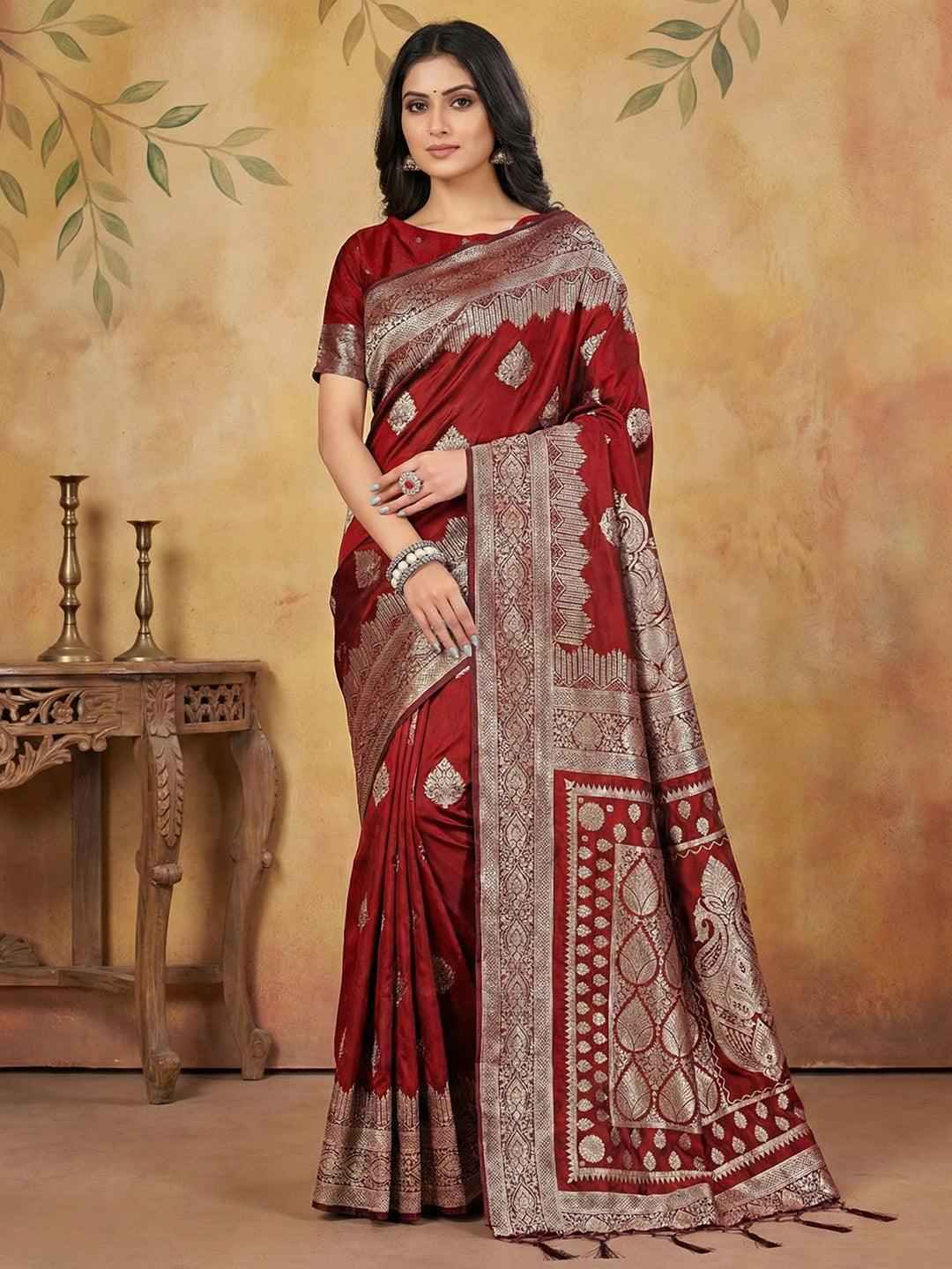 Maroon Silk Blend Brocade Saree | EZB SI04 SRADY 3006