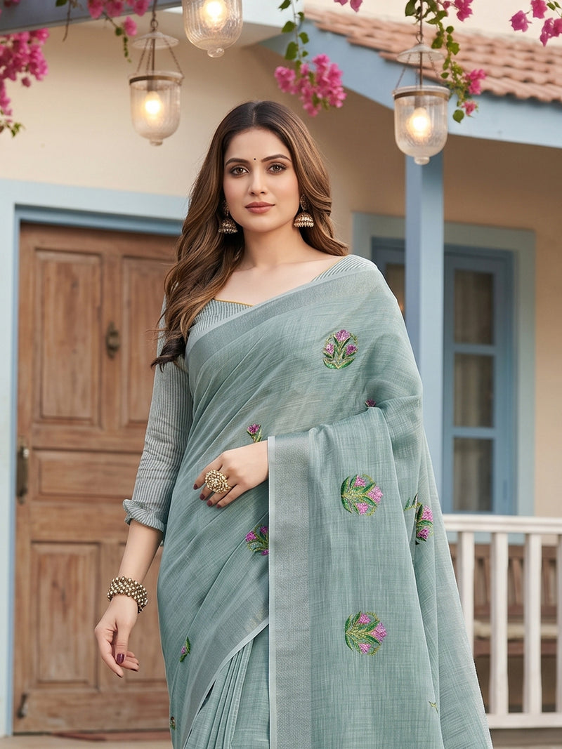 Green Linen Stripe N Floral Saree | EZB SI04 SRAMY24002