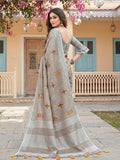 Beige Linen Stripe N Floral Saree | EZB SI04 SRAMY24003