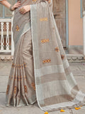 Beige Linen Stripe N Floral Saree | EZB SI04 SRAMY24003