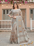 Beige Linen Stripe N Floral Saree | EZB SI04 SRAMY24003
