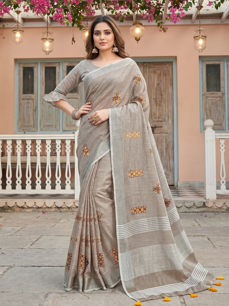 Beige Linen Stripe N Floral Saree | EZB SI04 SRAMY24003