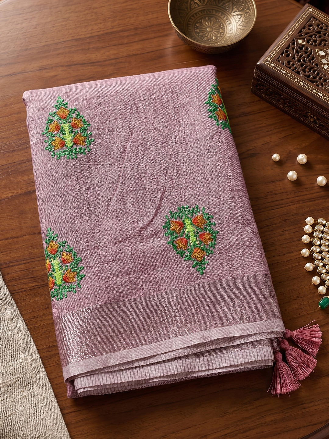 Purple Linen Stripe N Floral Saree | EZB SI04 SRAMY24004