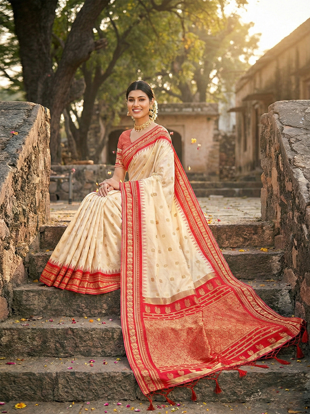 Soft Silk Cream Brocade Saree With Blouse Piece