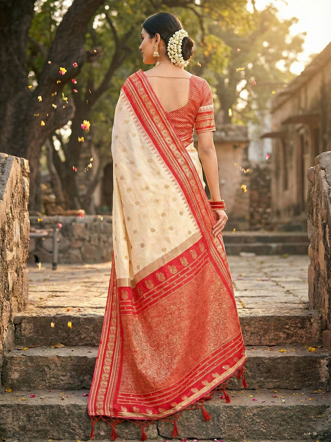 Soft Silk Cream Brocade Saree With Blouse Piece