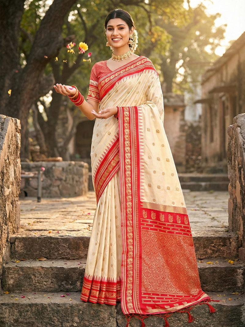 Soft Silk Cream Brocade Saree With Blouse Piece