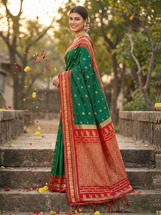 Soft Silk Green Brocade Saree With Blouse Piece