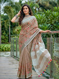 Brown Linen Stripe N Floral Saree | EZB SI04 SRKSS1002