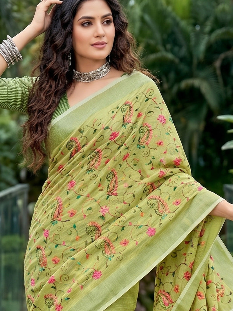Yellow Linen Stripe N Floral Saree | EZB SI04 SRKSS1003
