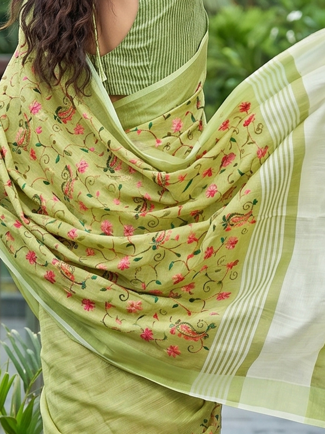 Yellow Linen Stripe N Floral Saree | EZB SI04 SRKSS1003