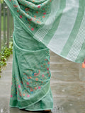 Green Linen Stripe N Floral Saree | EZB SI04 SRKSS1004