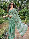 Green Linen Stripe N Floral Saree | EZB SI04 SRKSS1004
