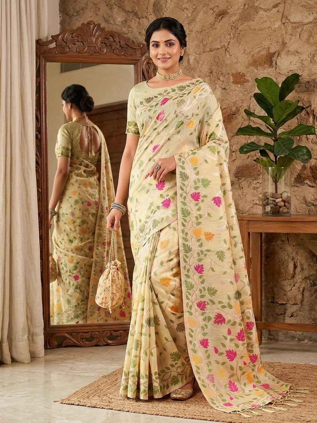 Cream Linen Cotton Brocade Saree | EZB SI04 SRLOV 1001