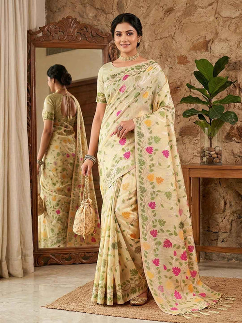 Cream Linen Cotton Brocade Saree | EZB SI04 SRLOV 1001