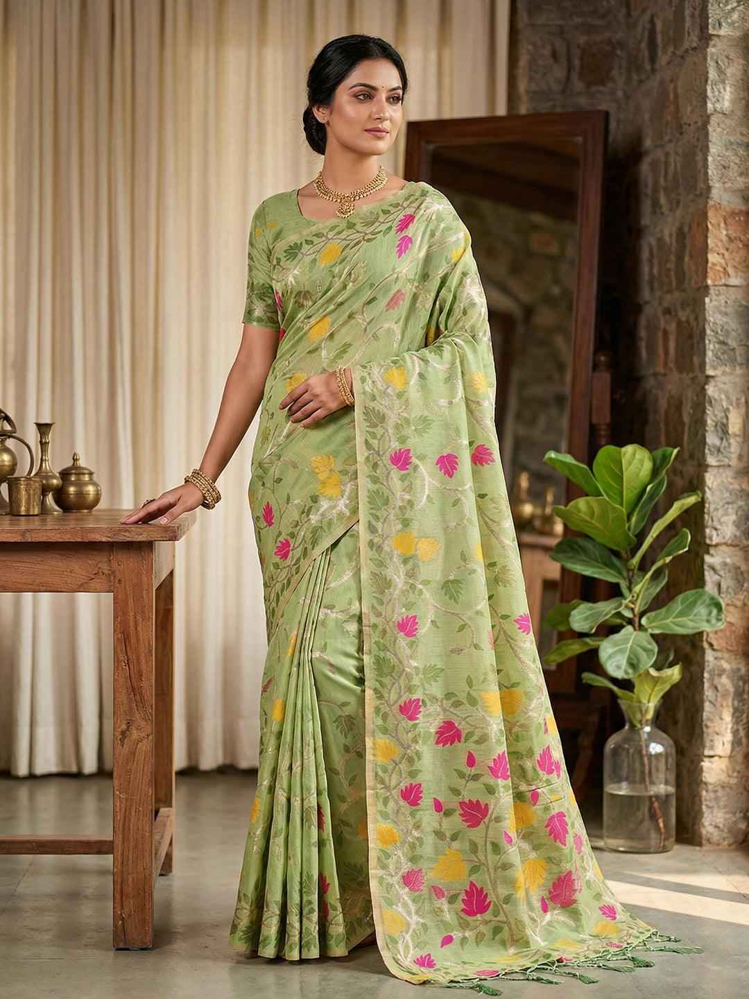 Green Linen Cotton Brocade Saree | EZB SI04 SRLOV 1002